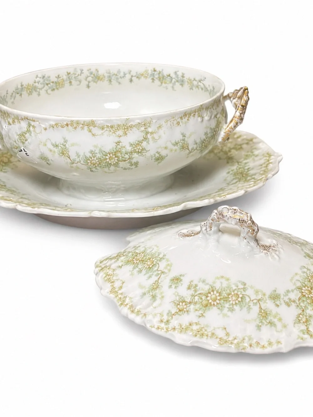 Elite Limoges France Covered Tureen Underplate Antique Green Floral